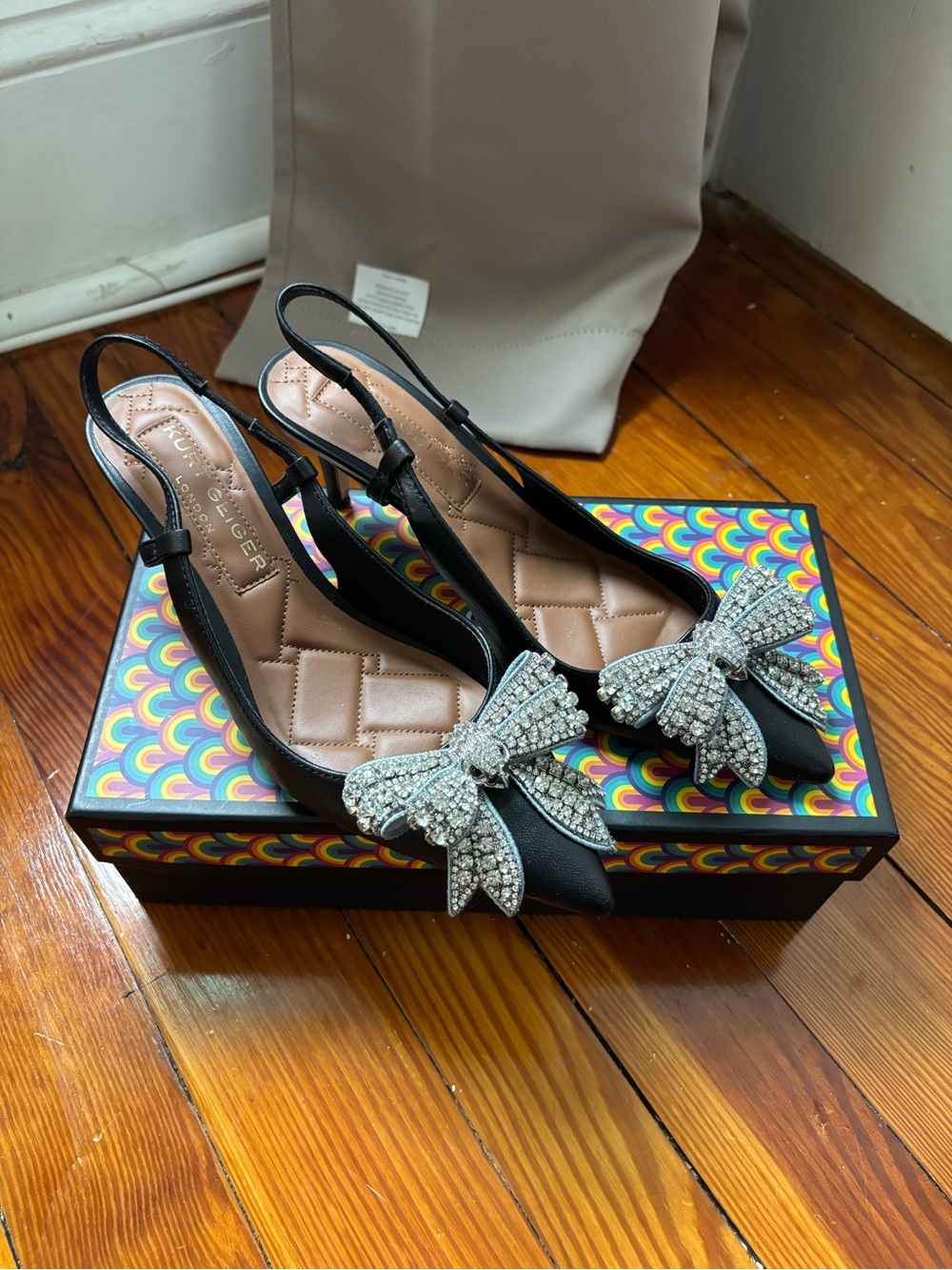 Kurt Geiger Belgravia Rhinestone Bow Leather Black Slingback Kitten Heel